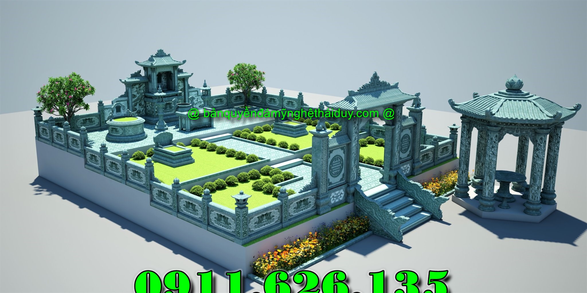 khu lăng mộ gồm có những hạng mục như ,hàng rào,cột đồng chụ,bình phong ,cột tứ trụ ,lư hương,cuốn thư,bàn lễ,rồng,cuốn thư,đèn thờ,bậc tam cấp,tường bao,Nghê đá, sư tử đá,Bàn thờ ngoài trời (bàn thờ thiên) thờ Trời, Thần linh, Thổ địa