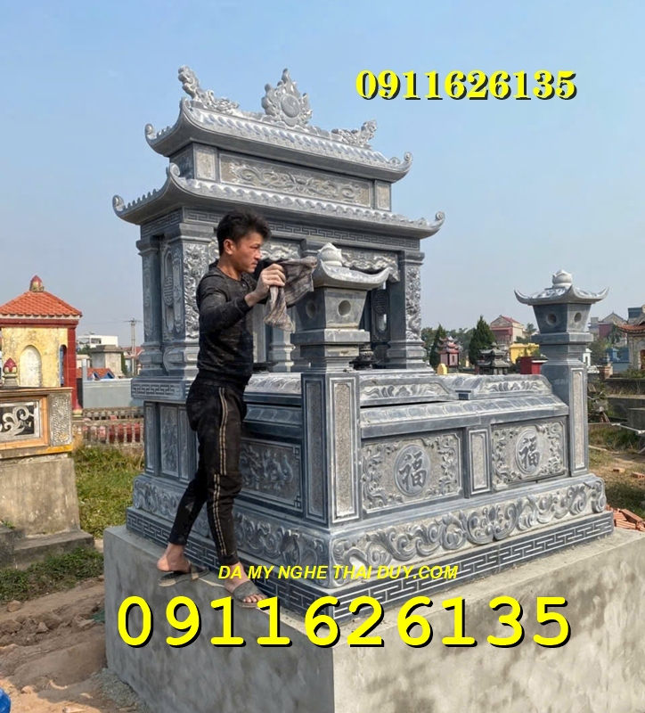 mẫu mộ đá xanh hai ngôi hai mái đẹp bán tại Hà Nam